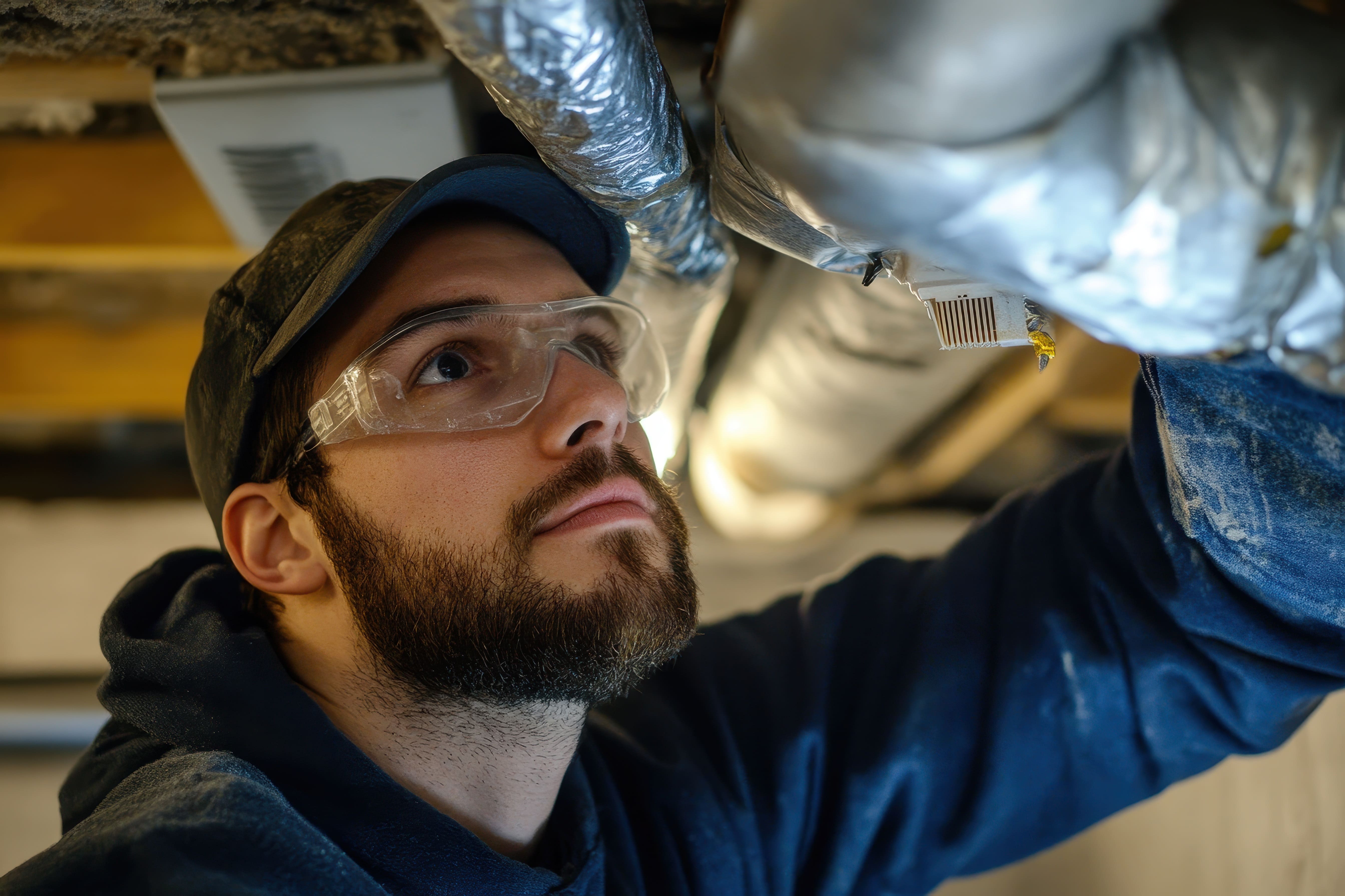 Technician inspecting a unit for Santiam Heating & Sheet Metal