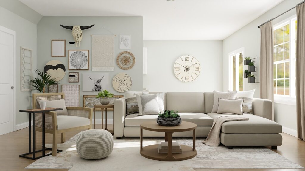 A beautifully decorated living room with warm ambient lighting