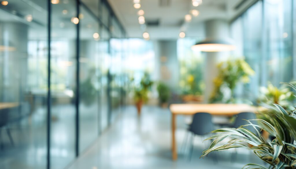 Abstract office interior background. Blurry office space. Modern workspace design. Glass walls, blurred furniture, plants. Natural light, commercial building, business concept, indoor. High quality