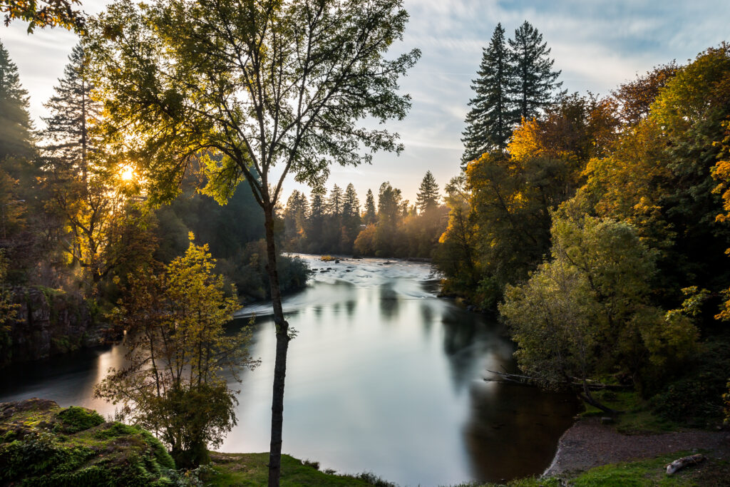 Beautiful river landscape in soft contralateral light. North Santiam river in Oregon in autumn