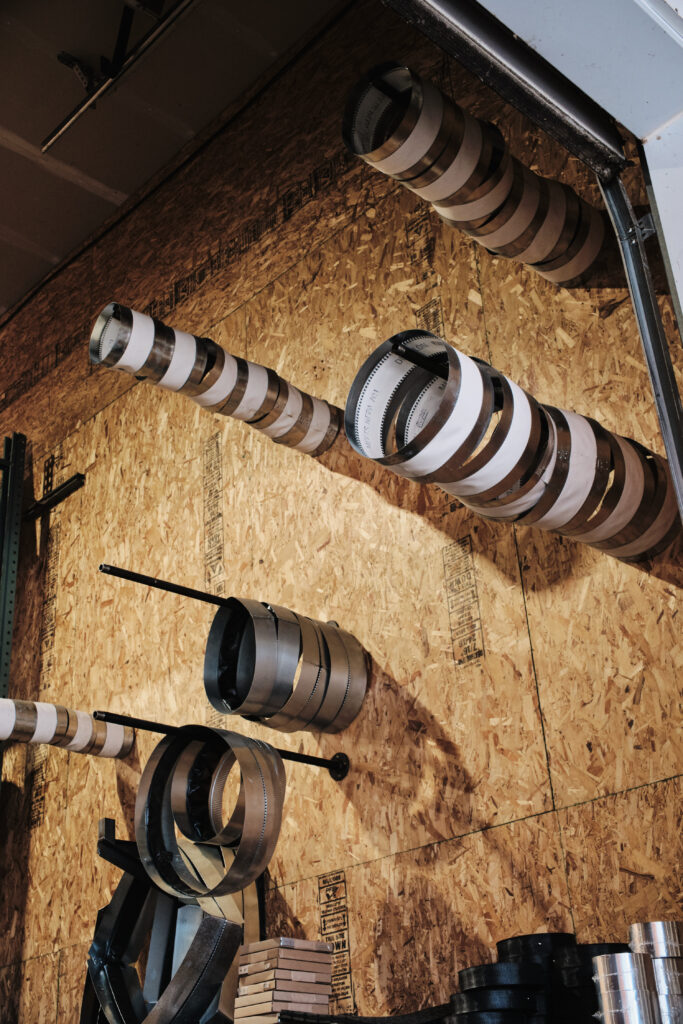 Sheet metal duct components staged in shop