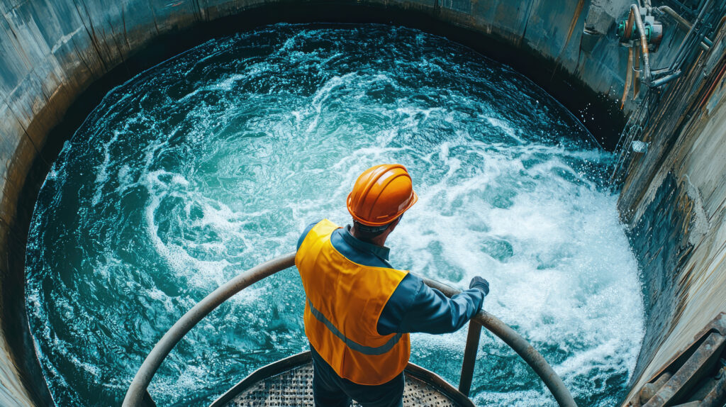 Water treatment plant worker monitoring wastewater flowing into basin