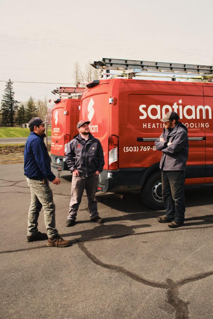 Crew talking and coordinating work in yard